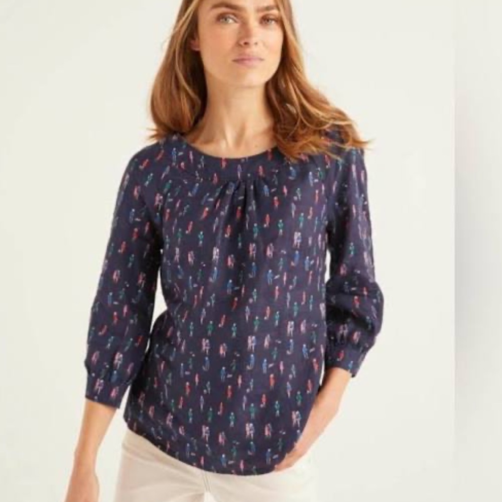 Boden Lavinia Linen Blouse in Navy Blue w/ Dog Walker Print Size 6